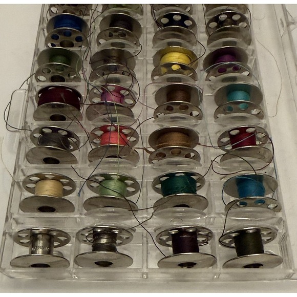 Vtg Sewing Machine Metal Bobbins 7 Hole‎ Most w/Previous Thread Lot of 32 - Picture 2 of 8
